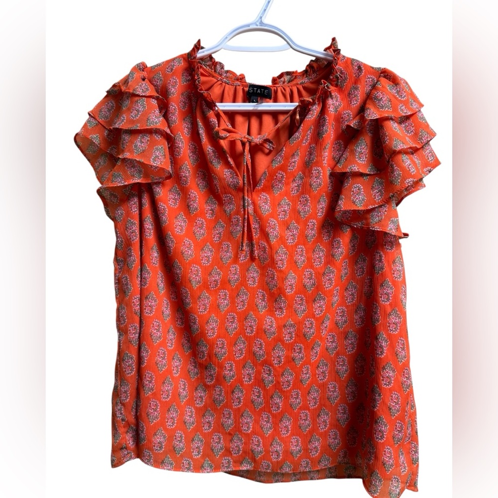 1.STATE Orange Ruffle Sleeve Blouse Boho Print Top Size L